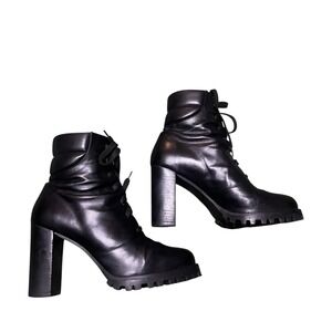 Stuart Weitzman Heeled Black Combat Leather Boots Size 8.5‎ Goth Victorian